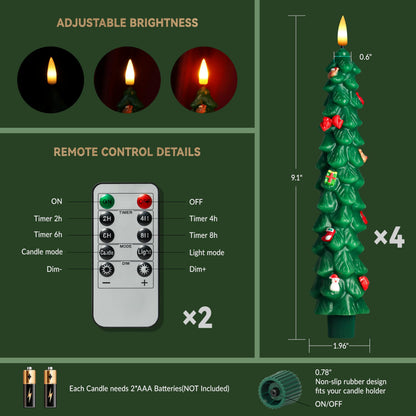 4Pcs Christmas Tree Flameless Taper Candles with Remote and Timer,LED Candles Battery Operated with Mini Ornaments,9.5" Real Wax Window Candlesticks with Flickering 3D Flame for Christmas Decoration