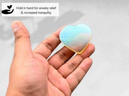 Opalite Crystal Heart Palm Stone - Pocket Massage Worry Stone for Natural Body Chakra Balancing, Reiki Healing and Crystal Grid