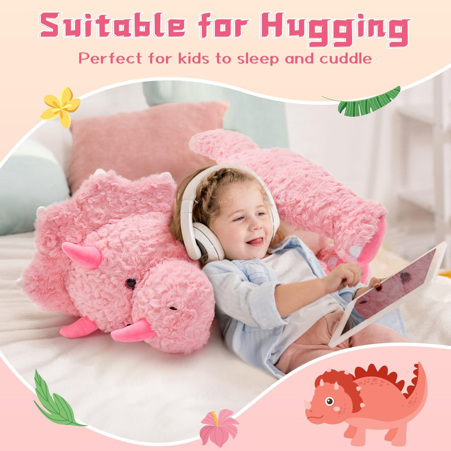 Tezituor Large Pink Dinosaur Stuffed Animals, 24inch Large Stuffed Dinosaur Plush Toys for Boys Girls, Hugging Soft Dino Triceratops Plush Pillow Praty Valentine's Day Gift for Girlfriend