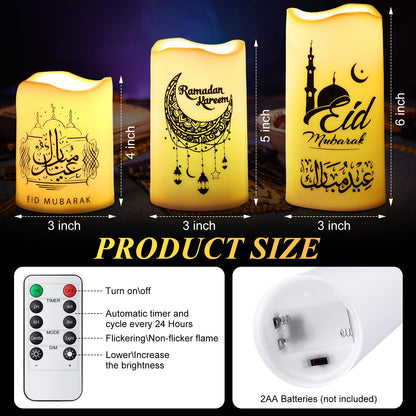 Tujoe 3 Pcs Eid Mubarak Flickering Flameless Candles Ramadan Decor Eid Mubarak LED Battery Operated Candles Candle Lights for Muslim Eid Ramadan Decor for Home(Moon)