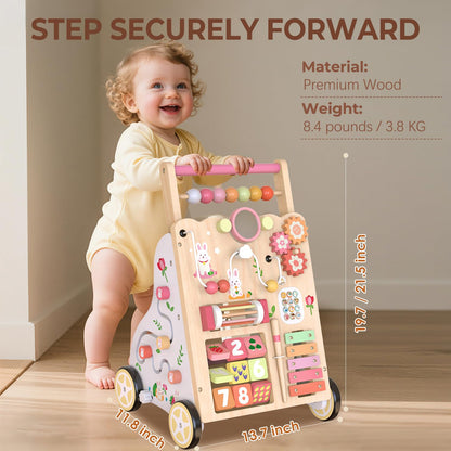 Baby Push Walker, Wooden Baby Walker with Wheels, Montessori Activity Center for 1 2 3 Years Old Boys Girls, Adjustable Speed & Height Push Toy for Toddler Learning to Walk, Kids Development Gift
