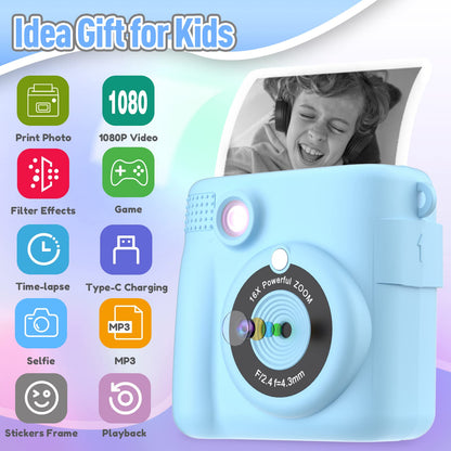 ESOXOFFORE Kids Camera Instant Print, Christmas Birthday Gifts for Kids Age 3-12, Selfie Digital Camera with 1080P Videos,Toddler Portable Travel Toy for 4 5 6 7 8 9 Year Old Boys Girls-Blue
