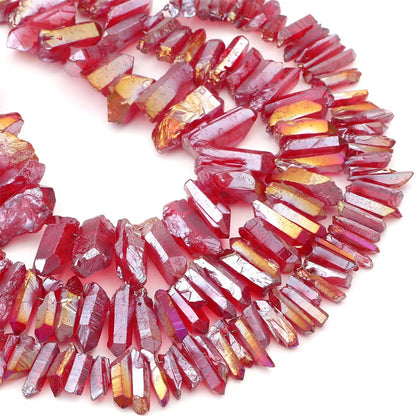 BEADIA Red Titanium Coated Crystal Quartz Spike Point Stick Beads AB Color 1.0"-1.5" for Jewelry Making 15 Inch/Strand