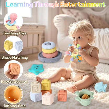 7-in-1 Montessori Baby Toys with Shape Sorter Sensory Bin, Stacking Cups, Soft Sea Animal Toys for 6-12-18 Months, Fun Bath Time Learning Developmental Toys Gifts for 1 2 3 Year Old Girls Boys
