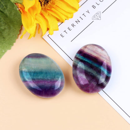 Hxswkk 2PCS Worry Stones for Anxiety Rainbow Fluorite Crystal Thumb Palm Stone Sets Handcarved Polished Oval Gemstone Chakra Decor Thoughtful Gifts
