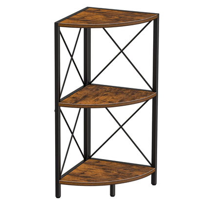 Snughome Corner Shelf with Metal Frame, 3 Tier Rustic Corner Storage Organizer, Freestanding Corner Bookshelf Stand Display Rack for Kitchen, Living Room