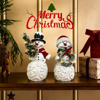 LFLKPY Snowman Christmas Decorations Set of 2 with LED Lights, Resin Light Up Snowman Figurines with Tree & Wreath, Battery Operated Holiday Tabletop Decor for Xmas Home, Mantel, Shelf, Gift