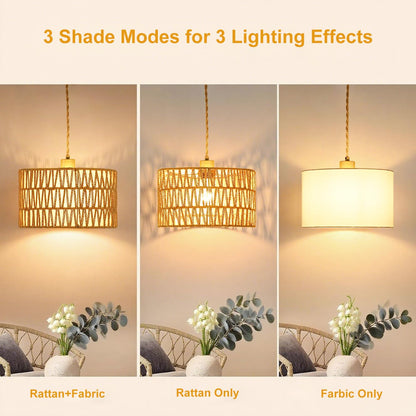 Vannise Dimmable Boho Hanging Lights with Plug in Cord 14.7ft，2 in 1 Shade Plug in Pendant Light Rattan Hanging Lamp with E26 Bulb, Long Lasting Wicker Plug in Pendant lamp Fixture for Living Bedroom
