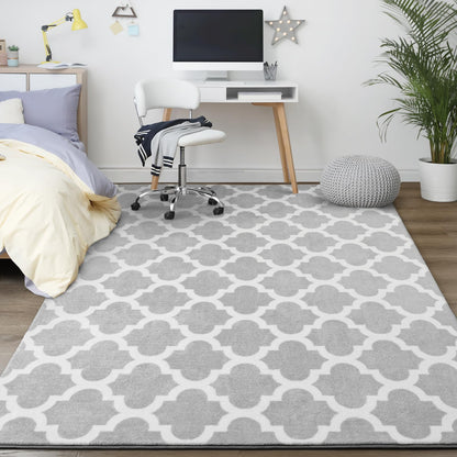 Jelymark Shag Moroccan Area Rug for Living Room, 8x10 Feet Modern Geometric Rug, Fluffy Distressed Faux Wool Floor Carpet, Memory Foam Rug for Bedroom Nursery Kids Room Home Decor, Light Grey/White