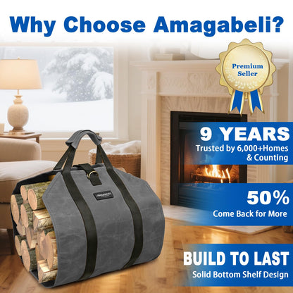 Amagabeli Firewood Carrier Waxed Canvas Log Tote Carrying Bag Heavy Duty Fire Large Wood Fireplace Carrier Bag with Handles for Camping Firewood Log Holder Wood Sling Cabin Stove Accessories Grey