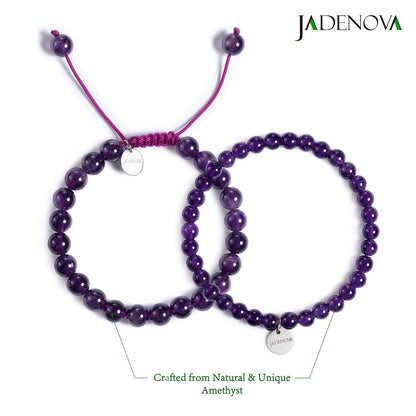 JADENOVA 6/8mm Natural Amethyst Gemstone Bracelet Elastic Stretch Yoga Beaded Healing Crystal Bracelet Couples Gifts for Men Women (2pcs Set)