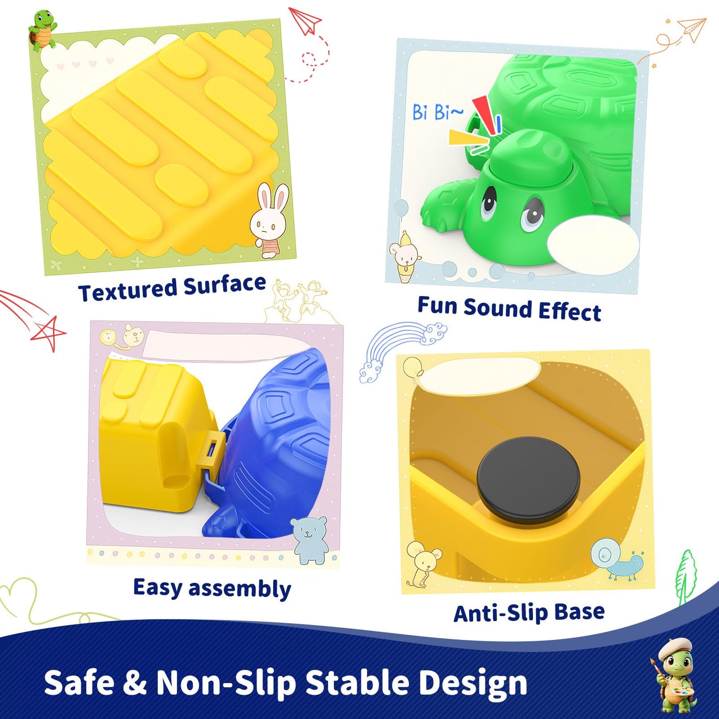 16 Pcs Balance Beam and Stepping Stones for Kids - 4 Turtle Shape Stepping Stones and 12 Connectable Beams with Sound Feature,Color Spinner, Riddle Cards, Fun Balance Training and Obstacle Course