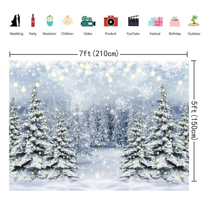Winter Forest Photography Backdrop Glitter Snowy Pine Tree Scene Background Christmas Xmas Holiday Happy New Year Holiday Party Decoration Banner (7X5FT(82x59inch))