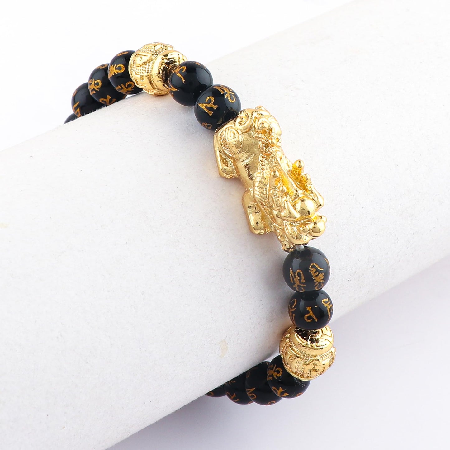 CRYSTALINES Om Mani Padme Hum Lion Beads Bracelet, Onyx Gemstone Stretchable Beaded Bracelet, Handmade, Chakra - Healing - Yoga - Spiritual - Protection, Kundalini Stretch Bracelet - 8mm Beads