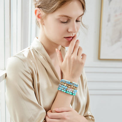 GOOJIDS Surfer Heishi Clay Bead Bracelets for Women Bohemian Stackable Gold Plated Beaded Stretch Bracelets Elastic Layering Friendship Bracelets Set Boho Jewelry