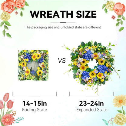 Pinkpuii Spring Wreaths for Front Door Outside- 24 Inch Spring Summer Wreath with Sunflowers,Lifelike Blue Hydrangea Flower Wreath for Indoor Outdoor Mantel,Window,Wall,Home Firplace Hanging Decor