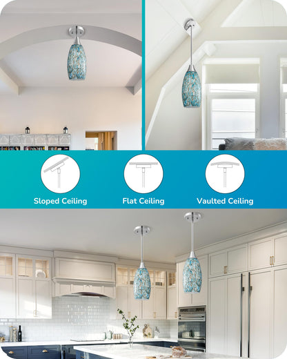EDISHINE Pendant Light, Hand Blown Hanging Light Fixture, Adjustable Brushed Nickel Rods, 5.12" D x 11.4" H Shade, Blue Glass Pendant Lighting for Kitchen Island, Sink, Bathroom, Dining Room
