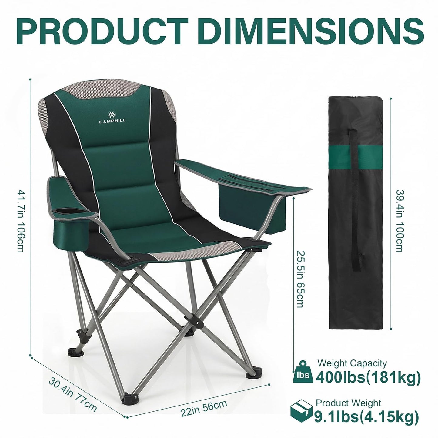 2 Pack Camping Chairs for Adults - Oversized Folding Lawn Chair with Angled Backrest,Heavy Duty 400lbs,Padded Camp Chairs with Cup Holder Side Pocket Cooler Bag for Outdoor,Sports,Beach,Fishing,Green