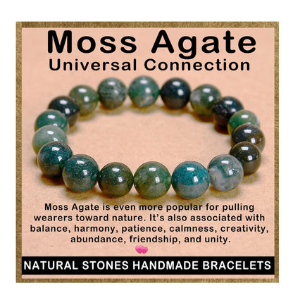 AD Beads Handmade Gemstone Stretch Elastic Bracelet Crystal Healing Reiki Nature's Beauty and Spiritual Essence Unisex (10mm, Moss Agate (Universal Connection))