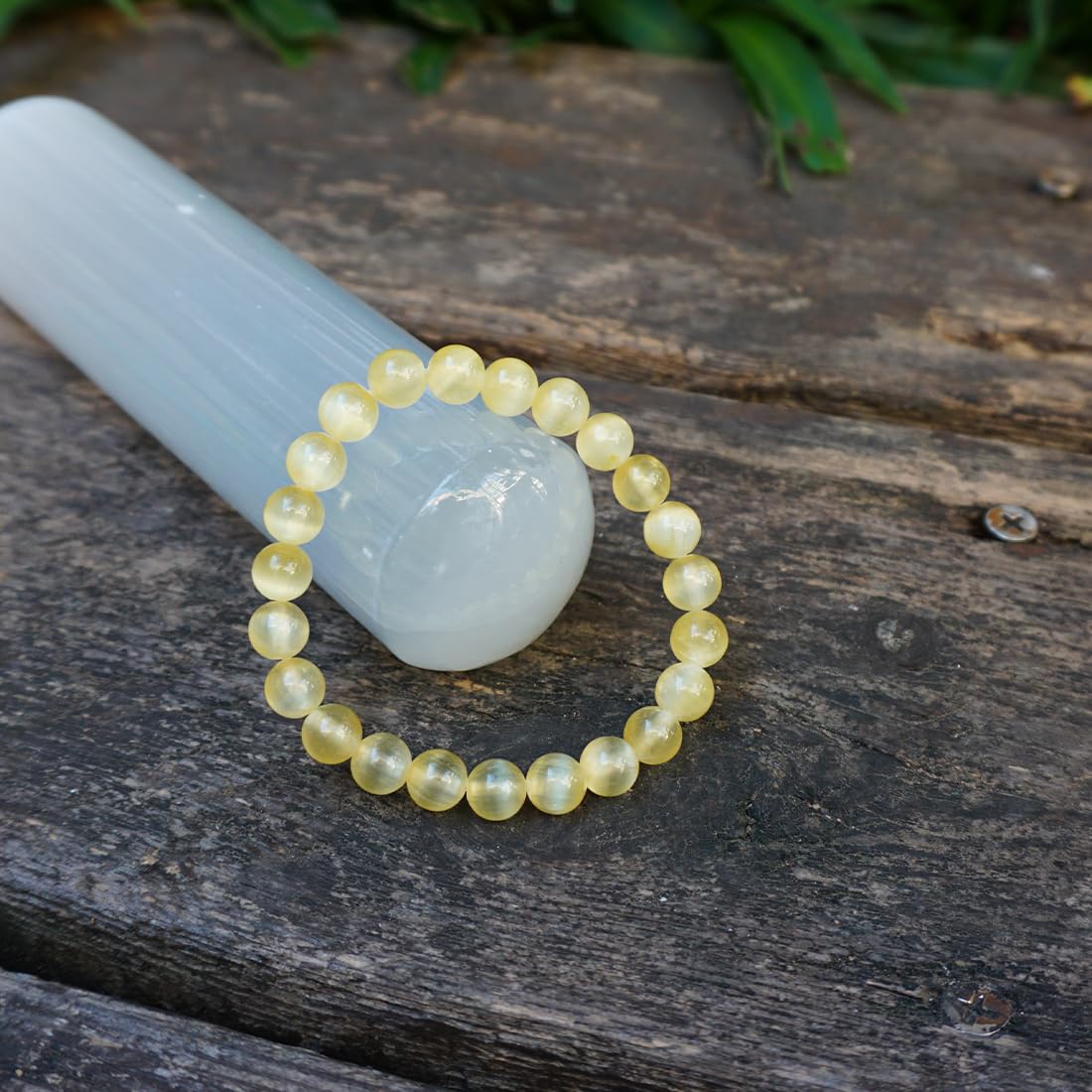 Natural Selenite Crystal Bracelet 8mm | Yellow Plated | Authentic Stone with Leather Pouch, Gift Box & Repair Kit | Fits about 7 inch Wrist