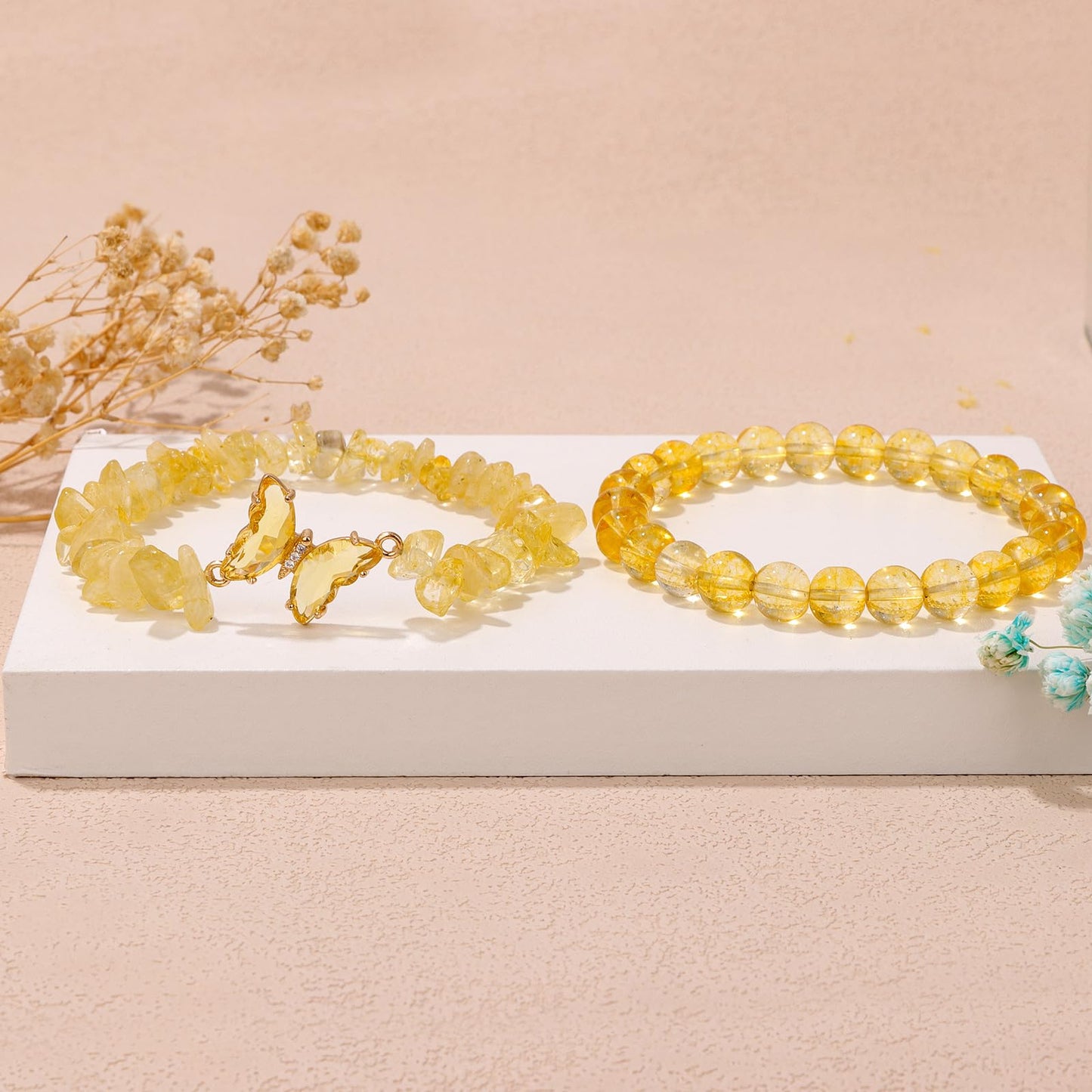 GolbalJew Citrine Bracelet for Women Healing Crystal Stone Bracelets Yellow Gemstone Beads Stretch Bracelet Butterfly Charms Women Jewelry Gift