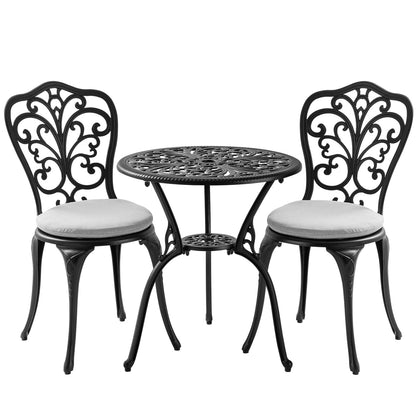 Withniture Patio Bistro Set 3 Piece with Cushions, All Weather Bistro Table and Chairs Set of 2 with Umbrella Hole, Outdoor Bistro Set, Cast Aluminum Patio Furniture Set for Garden Porch, Black