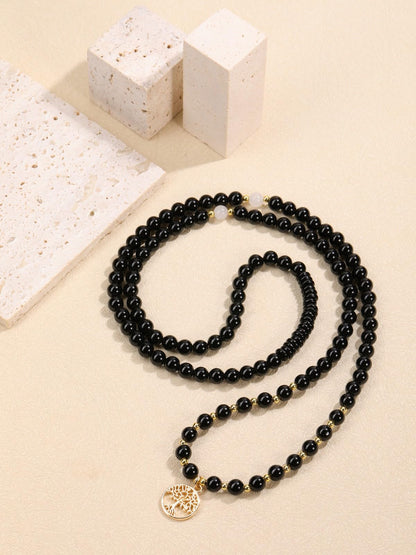 Jovivi 108 Mala Beads Bracelet Necklace, Natural Black Obsidian Healing Crystal Stones Prayer Beads Yoga Meditation Gemstone Necklace Gold Copper Tree Life Pendant