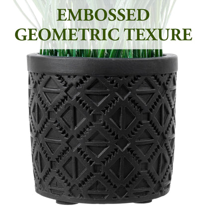 MyGift Artificial Green Grass Plant in Modern Black Concrete Pot with Geometric Embossed Pattern, Tabletop Faux Greenery Decorative Round Cement Planter Home Decor