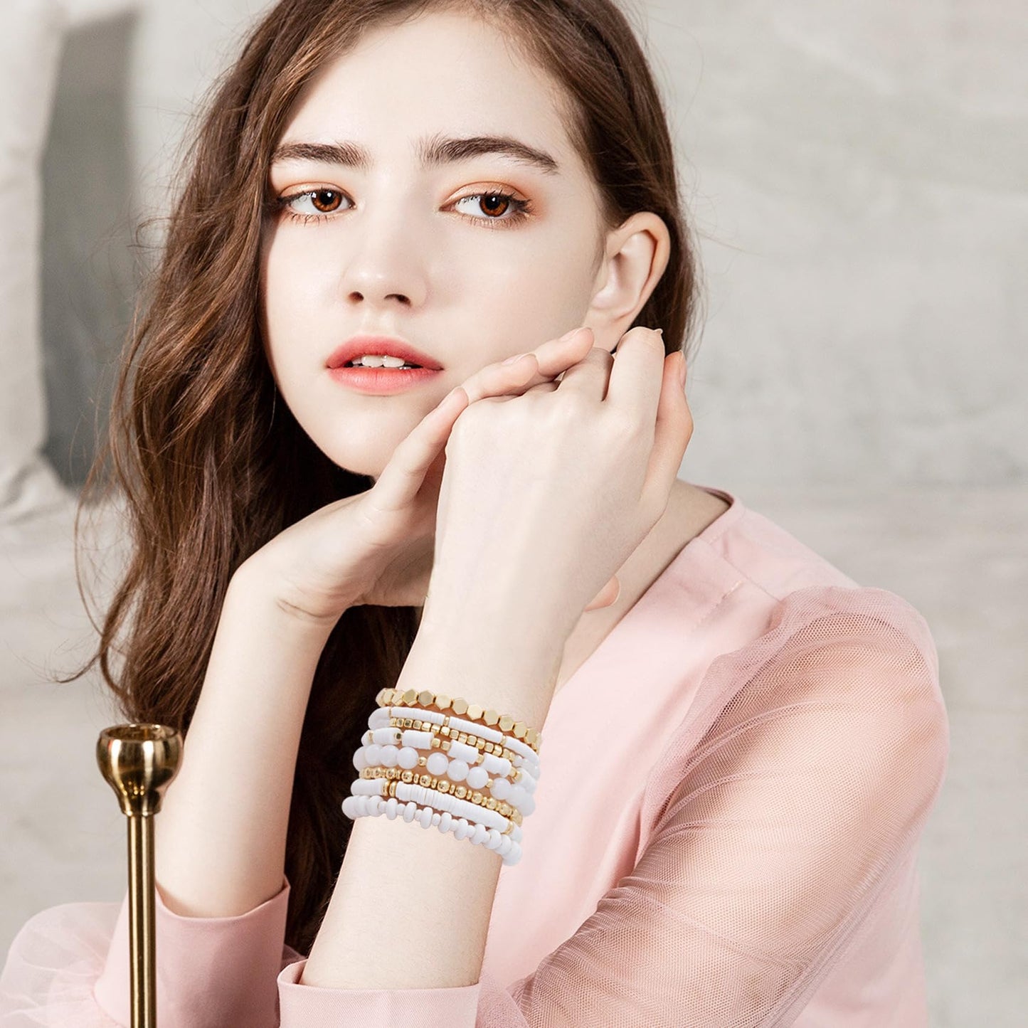 GOOJIDS White Surfer Heishi Clay Bead Bracelets for Women Bohemian Stackable Gold Plated Beaded Stretch Bracelets Elastic Layering Friendship White Bracelets Set Boho Jewelry