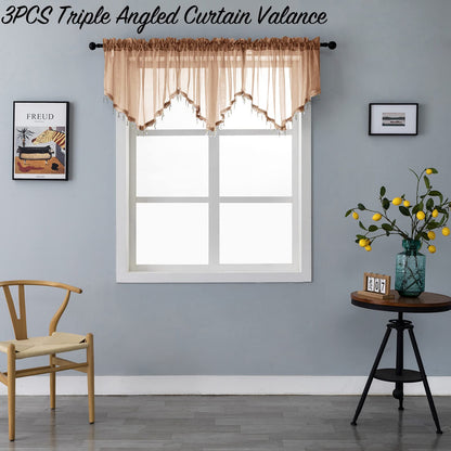 Beaded Sheer Valance Curtains for Living Room,Rod Pocket Farmhouse Window Valance, Bead Trim Tassel Voile Sheer Curtain Valance for Bedroom Bathroom Cafe 51x24 Inches (Brown) 1PC