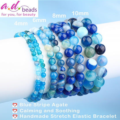 AD Beads 6mm Handmade Blue Stripe Agate Elastic Bracelet – Natural Gemstone for Calming and Soothing – Meditation, Yoga, Healing and Energy Gift for Men Women