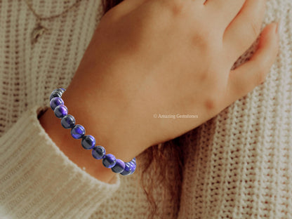 Amazing Gemstone Purple Tiger Eye Bracelet, Gifts For Men & Women - Protection Healing Crystal Bracelet - 8mm Gemstone Beaded Adjustable Bracelet, Pulseras Para Hombres Mujer Stocking Stuffers