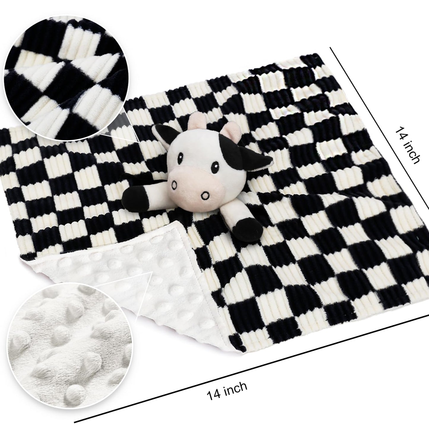 BEILIMU Cow High Contrast Baby Security Blanket for Babies, Soft 3D Checkerboard Lovey with Minky Dot Fabric Backing, Newborn Boys and Girls Snuggle Stuffed Animal Blankie 14 Inch