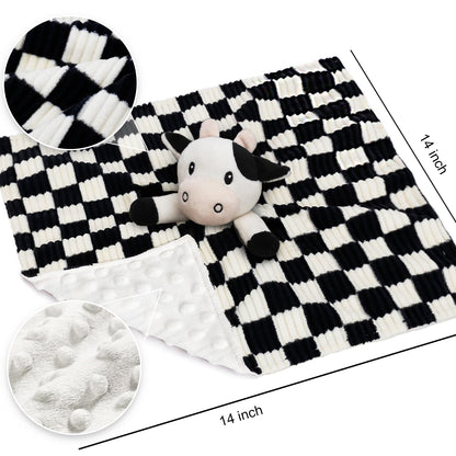 BEILIMU Cow High Contrast Baby Security Blanket for Babies, Soft 3D Checkerboard Lovey with Minky Dot Fabric Backing, Newborn Boys and Girls Snuggle Stuffed Animal Blankie 14 Inch