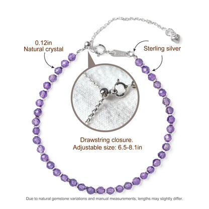 TAGREVO Natural Amethyst Crystal Silver Bracelet, 0.12" Faceted Stone Beads Adjustable Jewelry for Women, Handmade Crown Chakra Design for Meditation & Spiritual Gifts