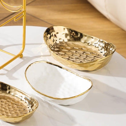 YYW 3-Tier Ceramic Fruit Bowl with Metal Stand - Elegant Countertop Organizer for Kitchen/Living Room, Holds Desserts, Snacks & Nuts - Home & Party Use (Golden)