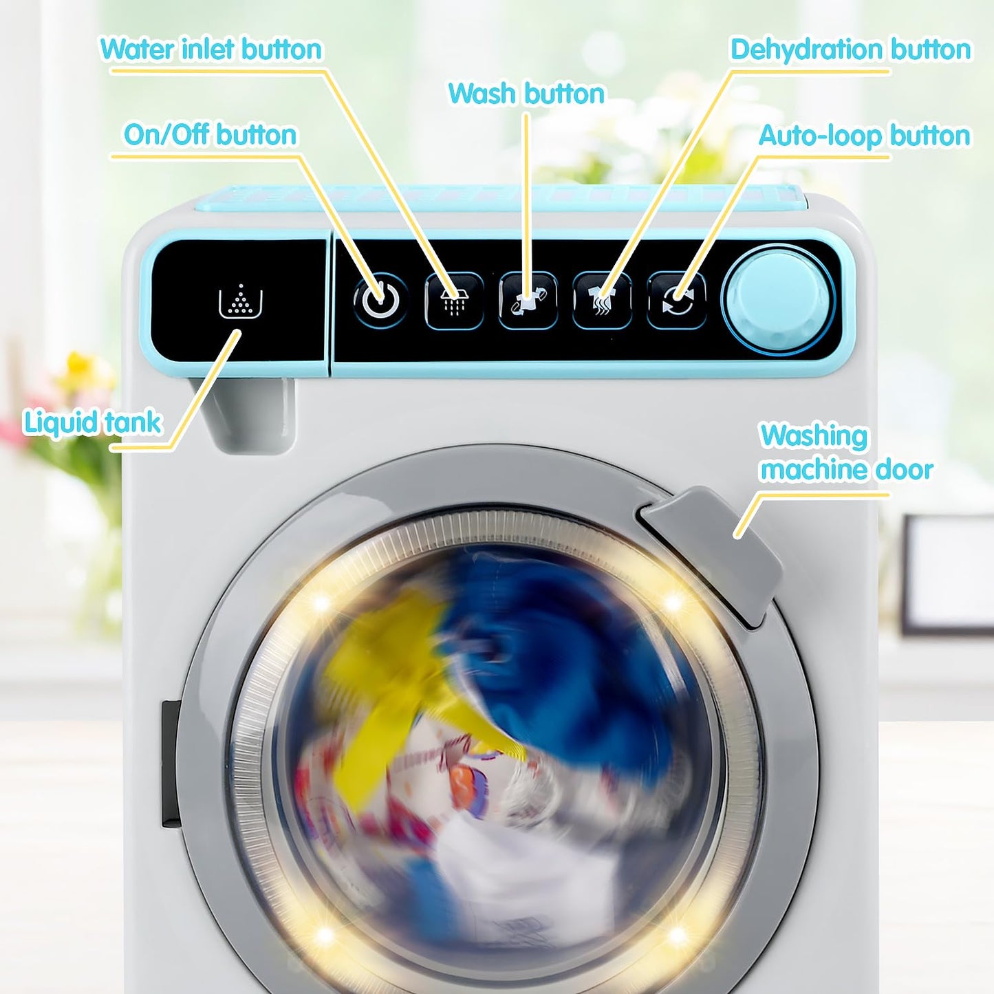 Kids Toy Washing Machine, Realistic Pretend Play Appliance for Girls, Interactive Toy Dollhouse Furniture, Play Washer and Dryer Playset with Spinning Drum, Light & Sound Effects, Laundry Basket Set