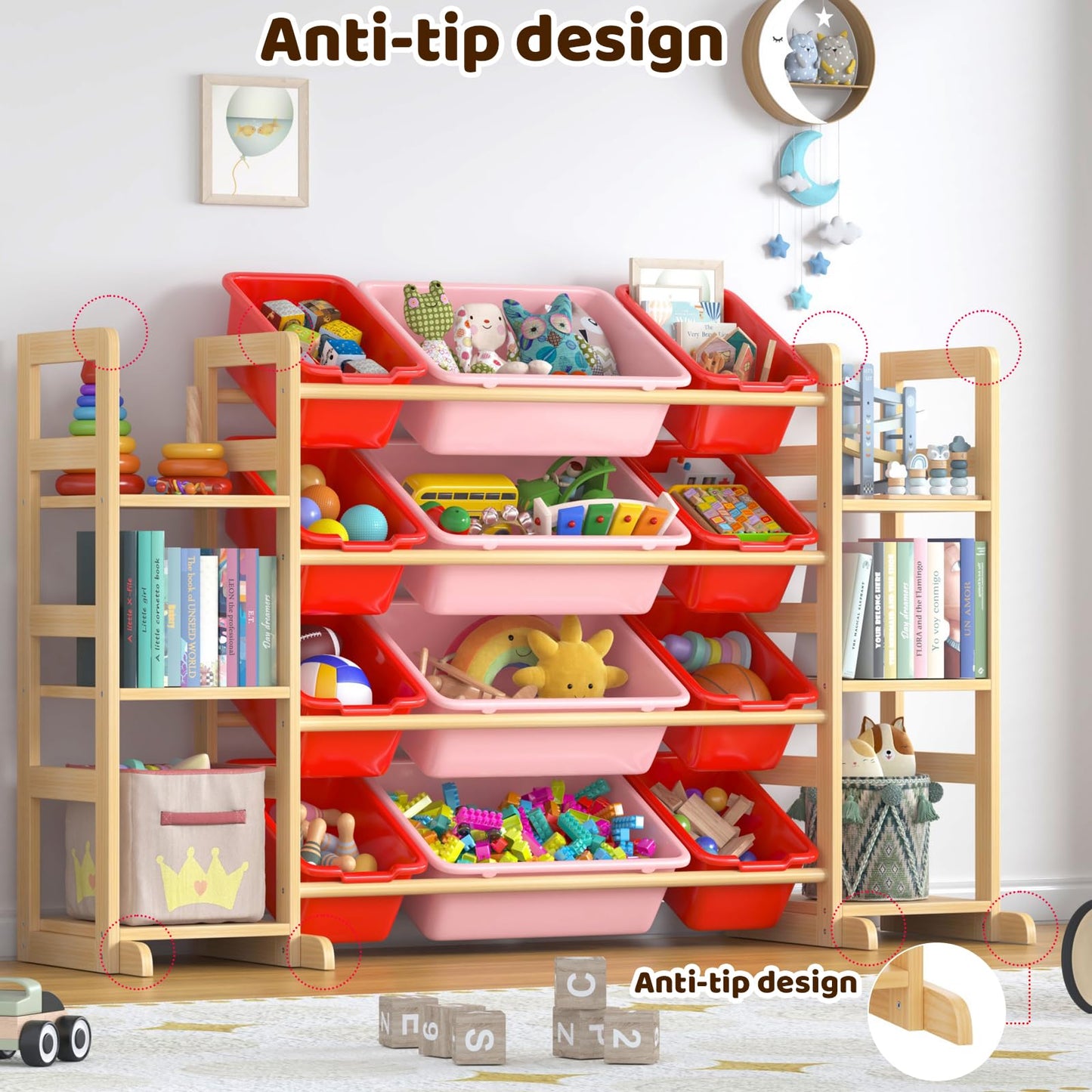 Ratulie Large Toy Storage Organizer Kids Toy Organizer and Bookshelf Combo with 12 Bins and 6 Shelves Toy Organization Box Toy Shelf for Playroom, Bedroom, Nursery