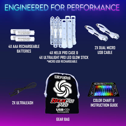UltraPoi HelixPoi Pro Set – Rechargeable LED Poi w/ 50+ Color Modes – Spinning Light Flow Toys w/Non-LED Knob Handles, Soft Cases & Adjustable Leashes – Visual Poi for Rave, Parties & Performance