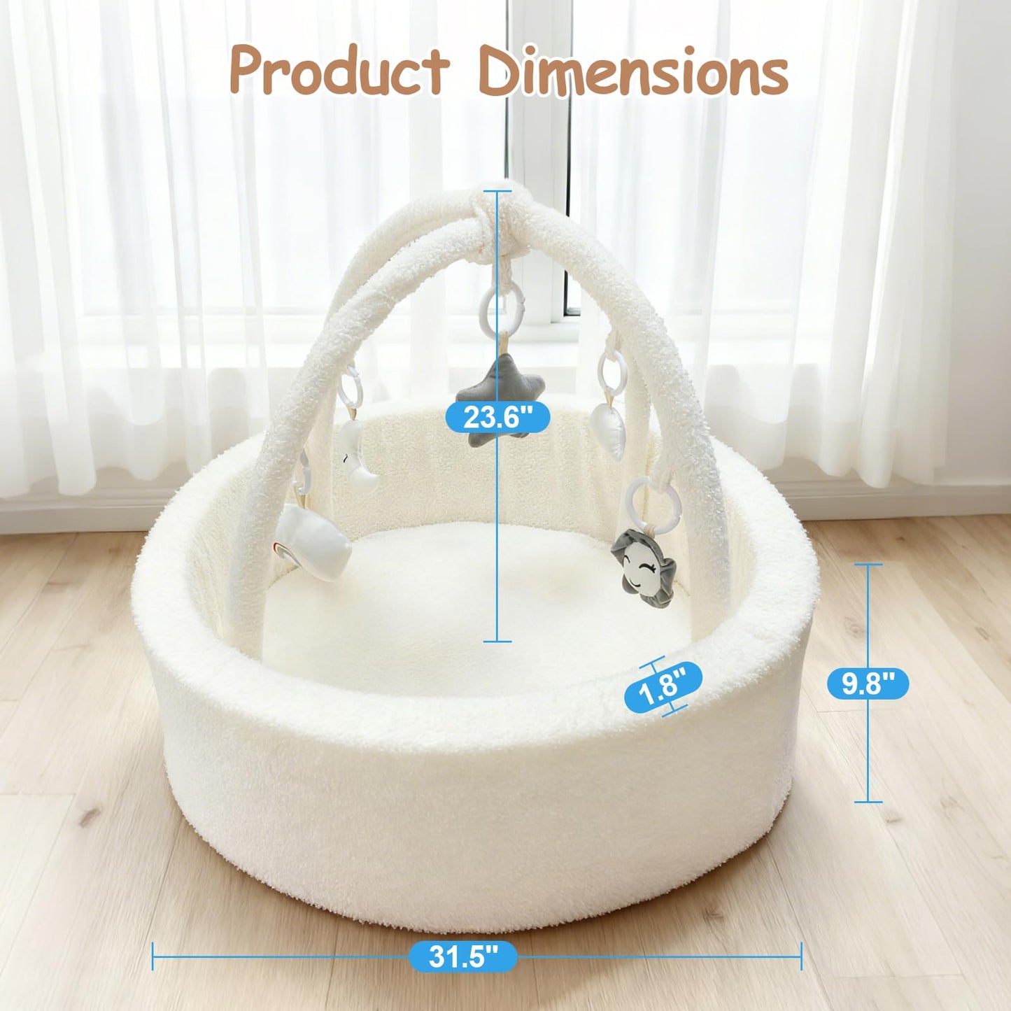 MEOGETY Baby Ball Pit with 5 Hanging Toys & Removable Play Arch for Toddlers Soft Foam Activity Center for Girls Boys Great Gift, Easy to Assemble & Clean, Teddy White