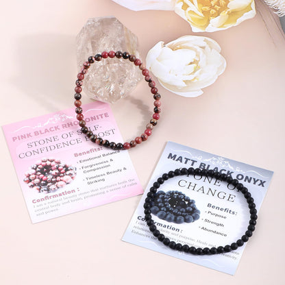 NCB 2-Piece 4mm Natural Crystal Gemstone Stretch Bracelets – ﻿Pink Black Rhodonite, Matte Black Agate Handmade Reiki Energy Healing Jewelry for Meditation,Yoga, Unisex