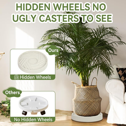 UoeRing Plant Caddy with Hidden Wheels 11 Inch Heavy Duty Rolling Plant Stand, Indoor Outdoor Plant Saucer Tray with $9.9 Garden Tools (Beige)