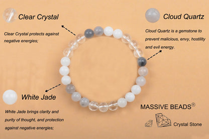 MASSIVE BEADS White Jade Clear Crystal Cloud Quartz - Evil Resisting Handmade Handmade Yoga Stretch Elastic Bracelet Natural Stone Crystal Healing Power Energy Gifts for Unisex Adult 4mm