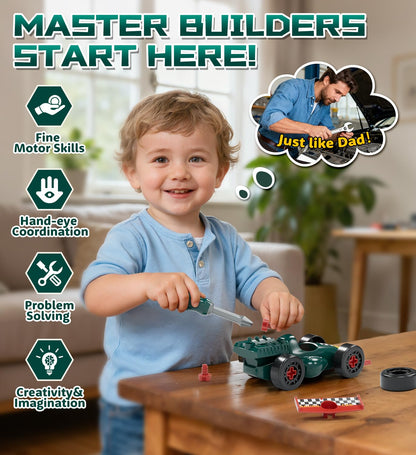 Lehoo Castle Kids Tool Set with Electric Drill & Take Apart Race Car, Construction Toys for Boys 3 4 5 Year Old, STEM Learning Toys for Ages 3+ with Storage Box, Birthday for Toddlers