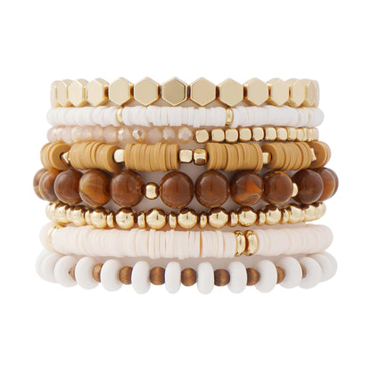 GOOJIDS Surfer Heishi Clay Bead Bracelets for Women Bohemian Stackable Gold Plated Beaded Stretch Bracelets Elastic Layering Friendship Brown Bracelets Set Boho Jewelry