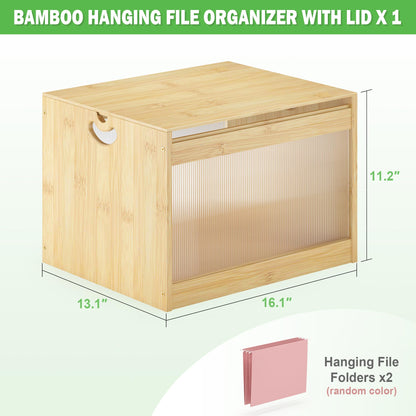 Hanging File Box Organizer for Letter Size, Bamboo Acrylic File Folder Storage with Lid Clear Moving Boxes Wooden with Handle Desktop Wood Filing Holder for Office Banker Document Nature 1 Pack