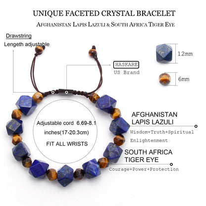 HASKARE Unique Gift Crystal Beads Bracelet for Men, Natural Crystal Lapis Lazuli Tiger Eye Bracelet Premium Handmade, Masculine Drawstring Men Beads Jewelry Energy Protection Stone Stuffers for Him