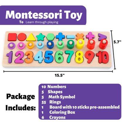 BEKILOLE Wooden Montessori Toys for Kids Toddler Number Puzzles Sorter Counting Shape Stacker Stacking Game Preschool Toys for Boy Girl Learning Education Math Blocks Year Old Girl Gifts (Rainbow)
