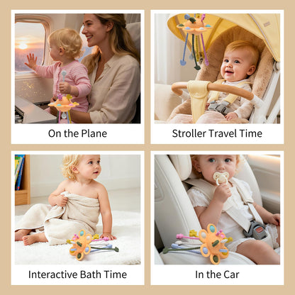 Little Rawr Silicone Baby Sensory Montessori Toys & Pull String Toys for 18 M+, Toddler Birthday Gift Car Seat Airplane Travel Toy for 1 2 Year Old Boy Girl Infant 18 Months Old (Orange)