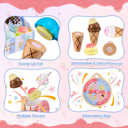 Ehome Wooden Ice Cream Toys Set Pretend Play Food Store for Kids Serve Ice Cream Counter Shop Kitchen Playset with Lucky Wheel, Scoop, Menu, Fake Money for Boys and Girls Ages 3 4 5 6 Birthday Gift